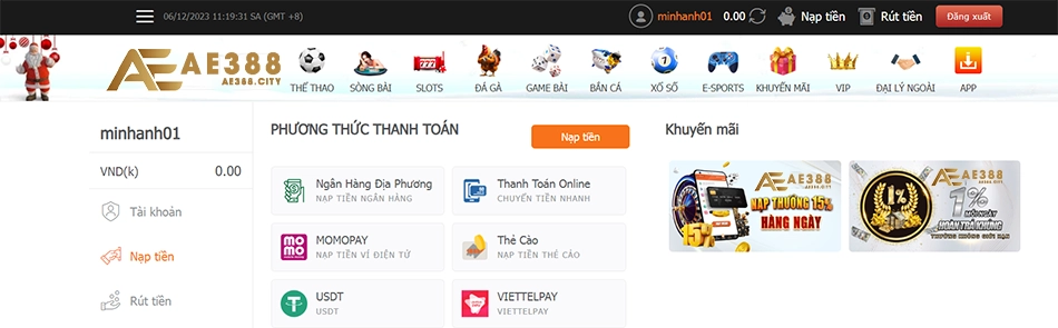 cách hướng dẫn nạp tiền AE388 đơn giản từng bước