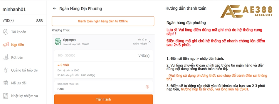 cách nạp tiền AE388 qua ngân hàng địa phương