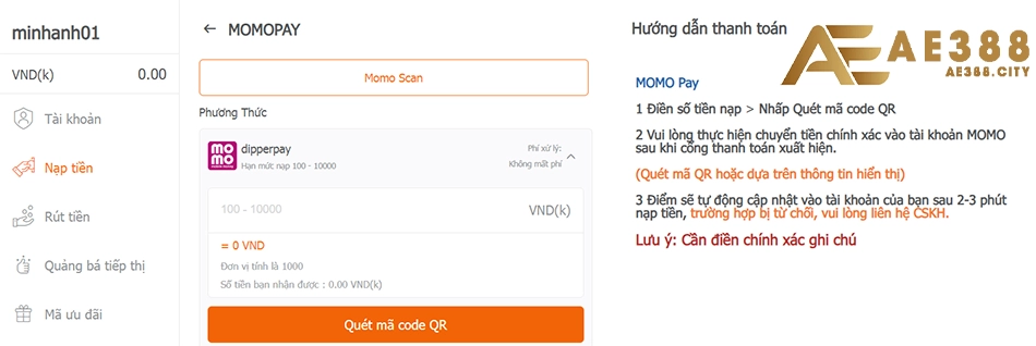 cách nạp tiền AE388 qua ví điện tử